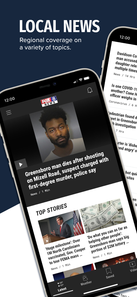 MyFOX8 - Screenshot of the MyFOX8 mobile app interface displaying local news stories and regional coverage for North Carolina.
