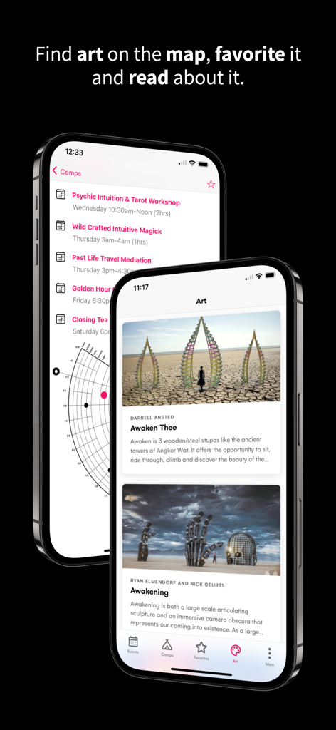 Dust - a guide for burners - Mobile app screens showing Burning Man art installations and camp event schedules in the Dust app