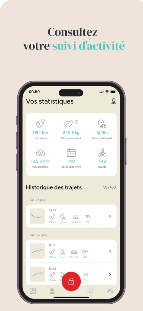 GAYA - Dashboard of the GAYA app displaying e-bike trip statistics and carbon savings.