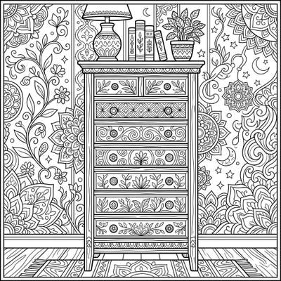 Dive into the rich details of this exquisite chest of drawers coloring page, perfect for adult colorists seeking a creative challenge. Adorned with intricate patterns and surrounded by elegant decor, this design offers a delightful escape.
