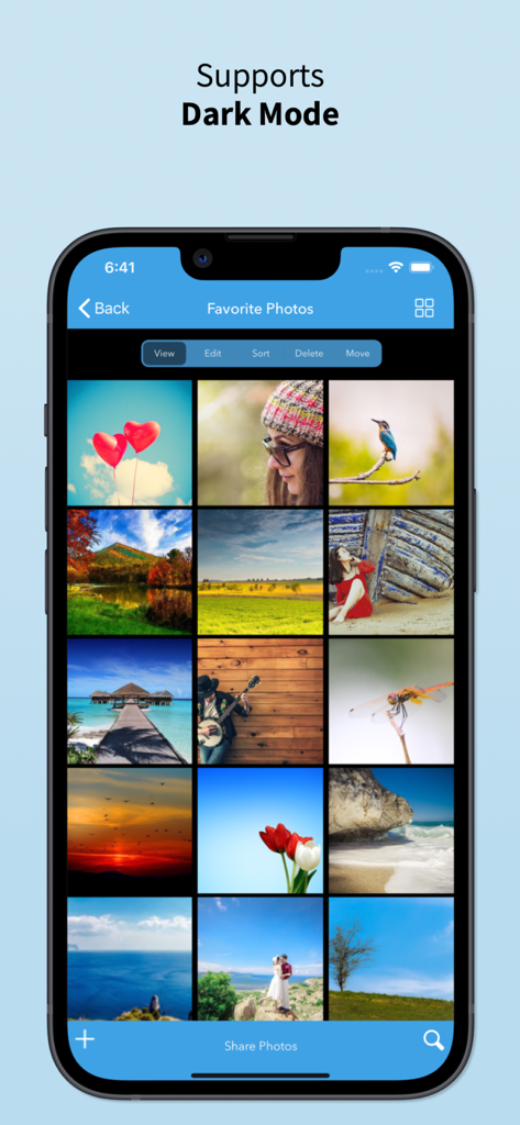 iPhone screenshot of the Photo Album Cloud Vault app showing a grid of favorite photos in dark mode