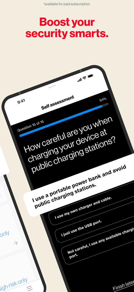 Verizon Protect app showing a digital security self assessment quiz on an iPhone