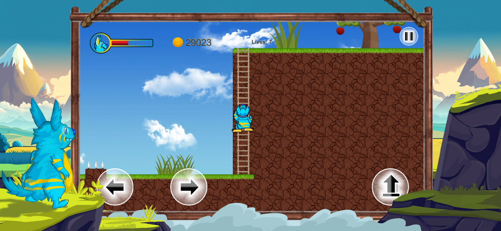 Molly Platformer: Super Runner - Blue rabbit Molly climbing a wooden ladder in a 2D platformer game level