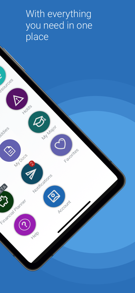 Screenshot of the Navigate360 Student app dashboard showing icons for Holds My Major Notifications and Financial Planner