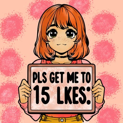 realistic girl holding up a sign that says “pls get me to 15 likes!”