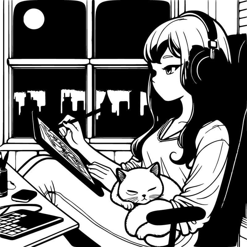 peaceful lofi girl sitting on her gaming chair with a calm atmosphere listening to jazz music with her black headphones. sitting sleepily on her lap is her white cat with blue eyes. she is journaling with an apple pencil on her ipad pro.  there is a window which has a sight of of beautiful city skyscrapers. it is night time