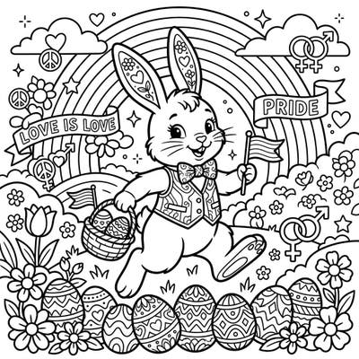 Hop into a world of joy with this charming vintage Easter Bunny, celebrating Pride Month with vibrant energy and classic style. This delightful coloring page combines festive symbols of love and diversity with traditional Easter cheer, offering a unique and heartwarming artistic experience.