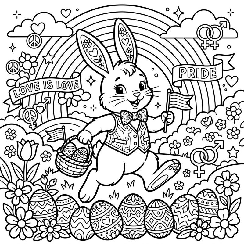 Hop into a world of joy with this charming vintage Easter Bunny, celebrating Pride Month with vibrant energy and classic style. This delightful coloring page combines festive symbols of love and diversity with traditional Easter cheer, offering a unique and heartwarming artistic experience.