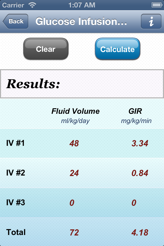 NICU Calculator - NICU Calculator app screen displaying results for Glucose Infusion Rate including fluid volume and GIR for multiple IV lines