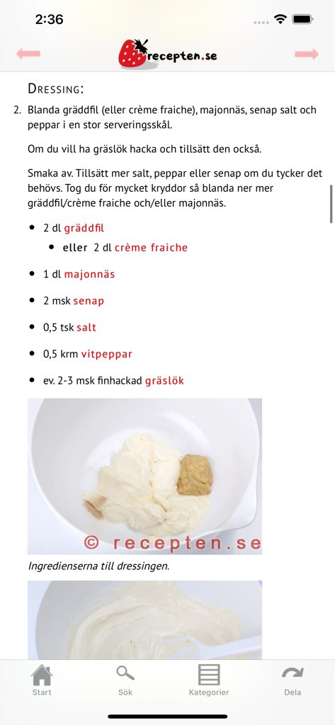 recepten.se - Screenshot of recepten.se mobile app showing a dressing recipe with ingredients and preparation steps.