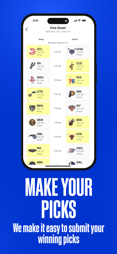 RunYourPool - Una pantalla móvil que muestra la hoja de selecciones de la aplicación RunYourPool para partidos de la NBA donde los usuarios eligen los equipos ganadores.