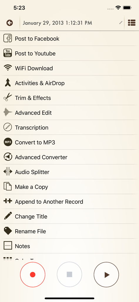 Voice Record Pro 7 - Advanced audio editing and sharing options menu in Voice Record Pro 7 app