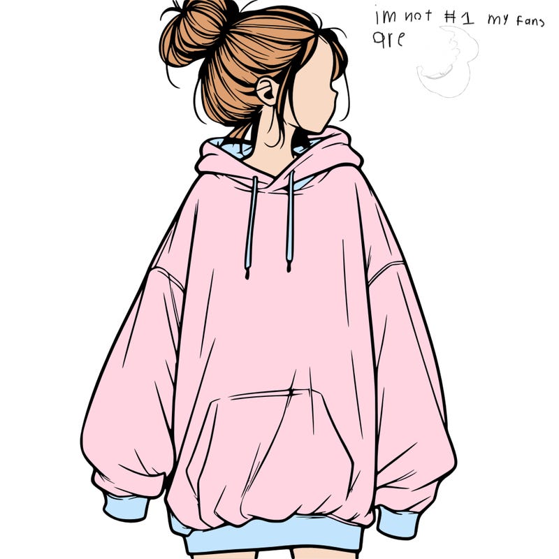 realistic girl with a oversized sweatshirt on and a bun
