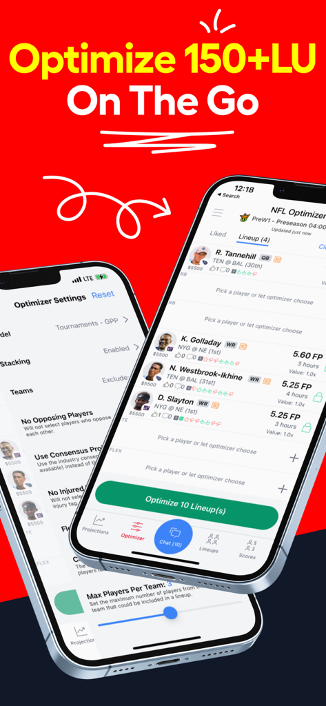 LineStar mobile app interface showing NFL DFS optimizer and lineup settings