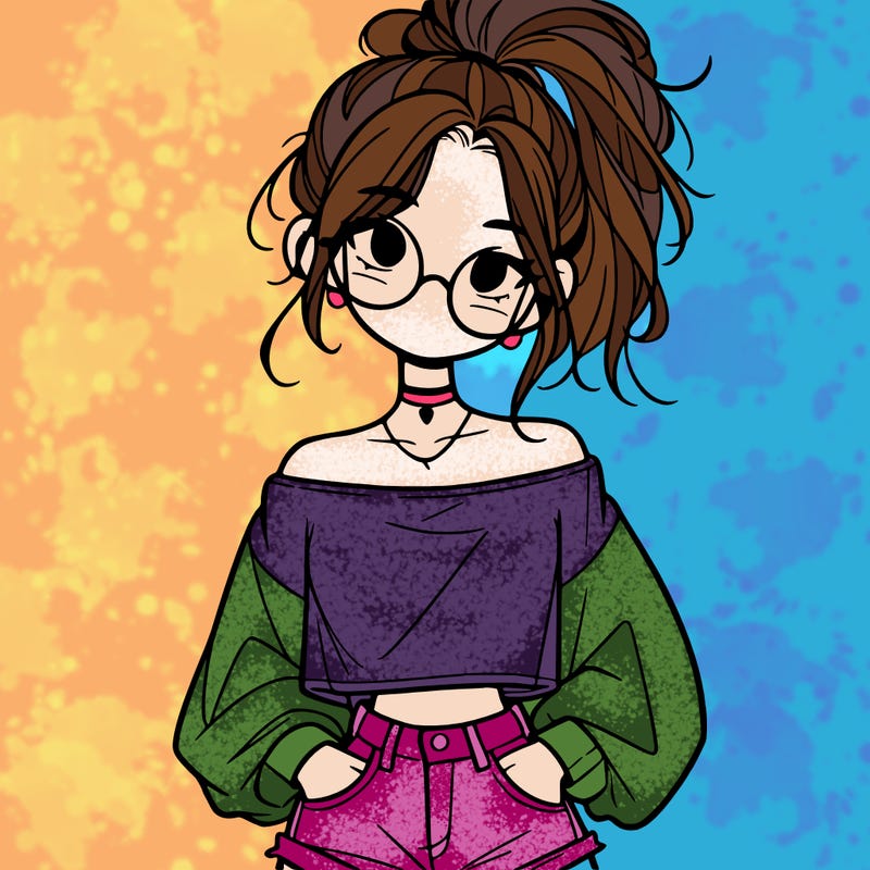 girl with a messy ponytail glasses a baggy crop top and jean shorts