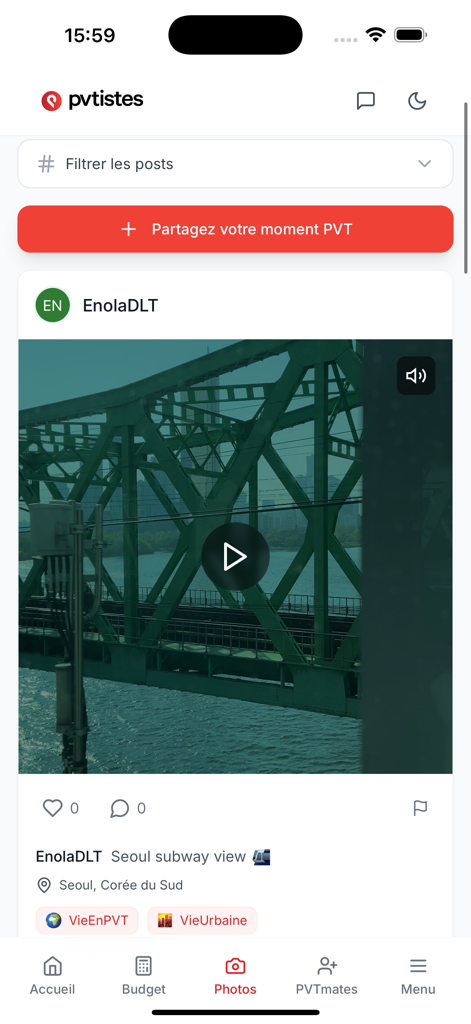 Capture d'écran du flux social de l'application pvtistes montrant la publication d'un membre avec une vidéo d'une vue du métro de Séoul.