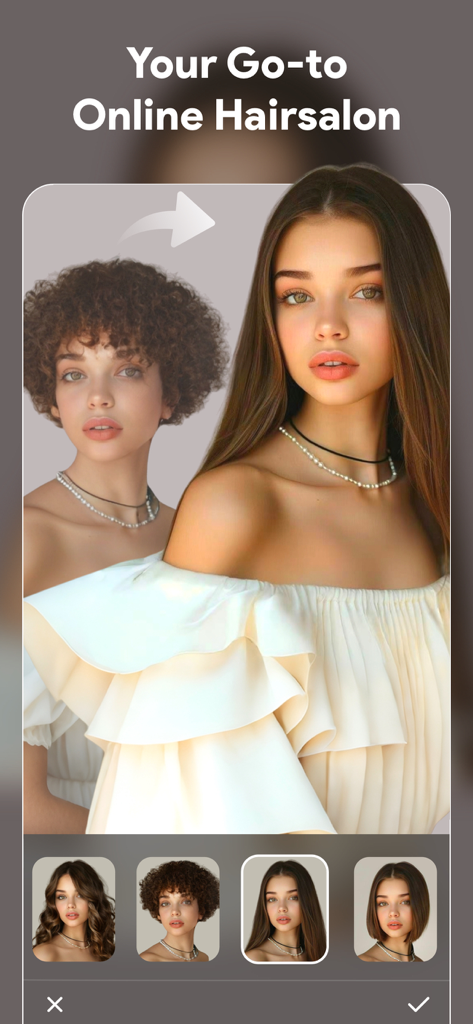AI Photo Generator - ToonTap - Captura de pantalla de la aplicación ToonTap mostrando la función de salón de peluquería virtual IA con varias opciones de peinado para una mujer