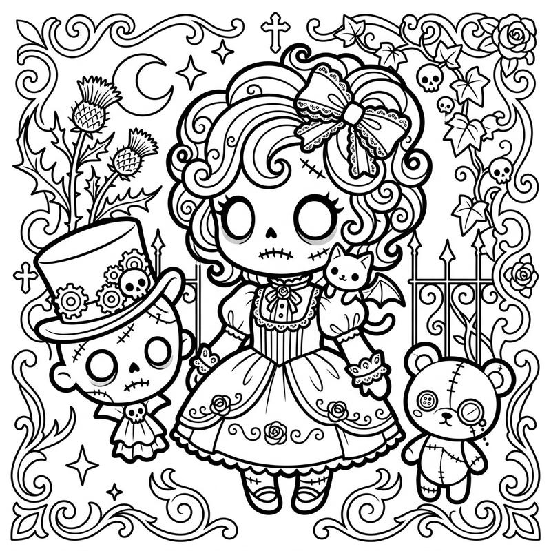 Unleash your creativity with this enchanting coloring page, blending the adorable charm of Kawaii with the mysterious elegance of Gothic zombies. Discover a world where cute meets spooky, offering hours of imaginative coloring fun for all ages.