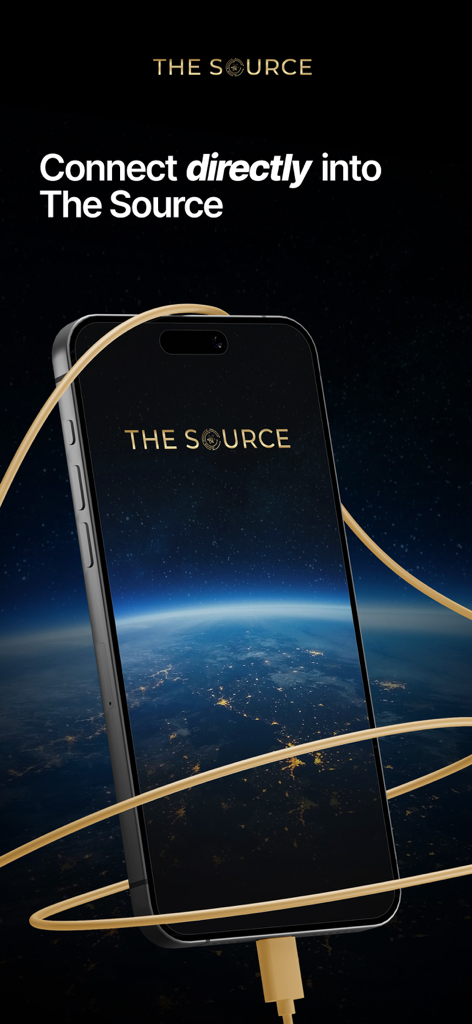 The Source. - A mobile phone displaying The Source app screen with a cosmic Earth background and a golden connection cable.