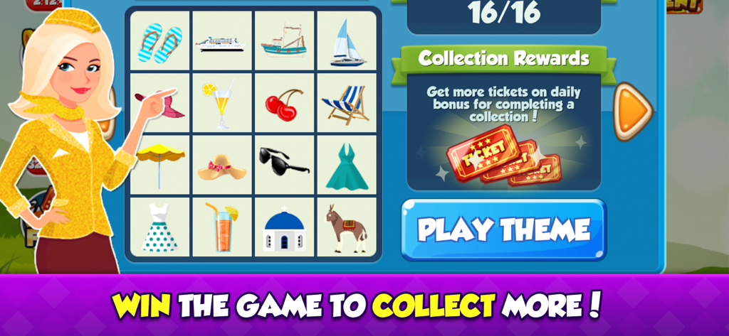 Bingo Bay - Play Bingo Games - Una mujer señalando una cuadrícula de colección con temática vacacional con recompensas en Bingo Bay