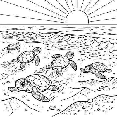 Dive into an exciting ocean adventure with our sea turtle hatchlings coloring page! Watch as these brave little turtles make their determined journey from the sandy nest to the big, beautiful sea.