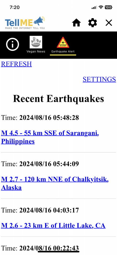 TellME - Curated News Reader - TellME app screen displaying a list of recent earthquake alerts worldwide