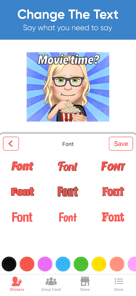 Interface de l'application Emoji Me montrant les options de police et de couleur pour personnaliser le texte sur un autocollant d'avatar personnalisé.