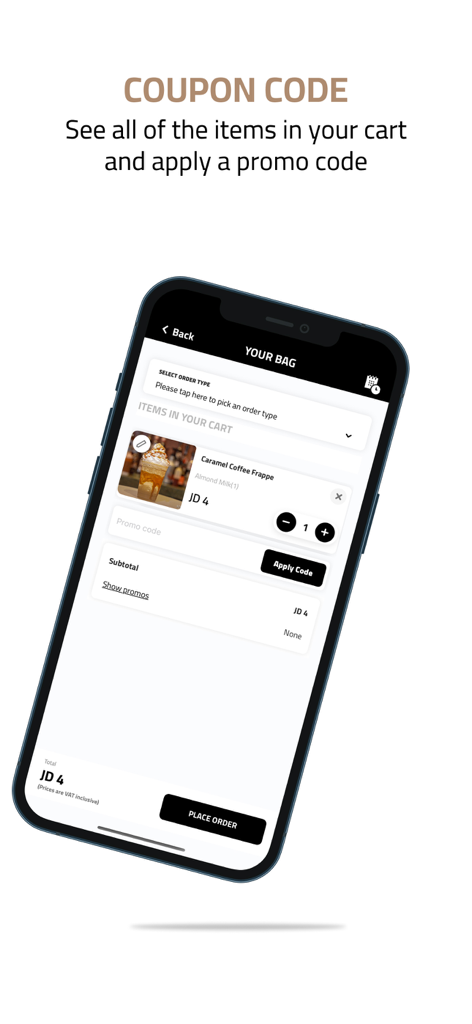 Touche La Bouche app cart screen showing a caramel coffee frappe and a promo code input field.