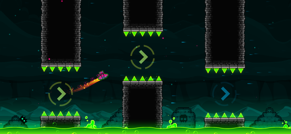 Geometry Dash - Geometry Dash gameplay showing a pink ship navigating through a dark level with neon green spikes and toxic slime