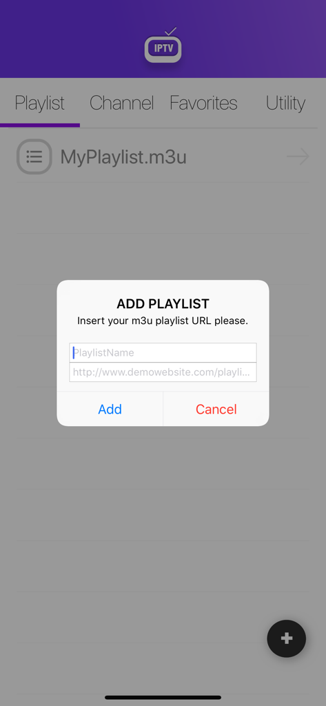 IPTV Easy - m3u Playlist - Oberfläche der IPTV Easy App, die ein Pop-up-Fenster zum Hinzufügen einer m3u-Playlist-URL zeigt