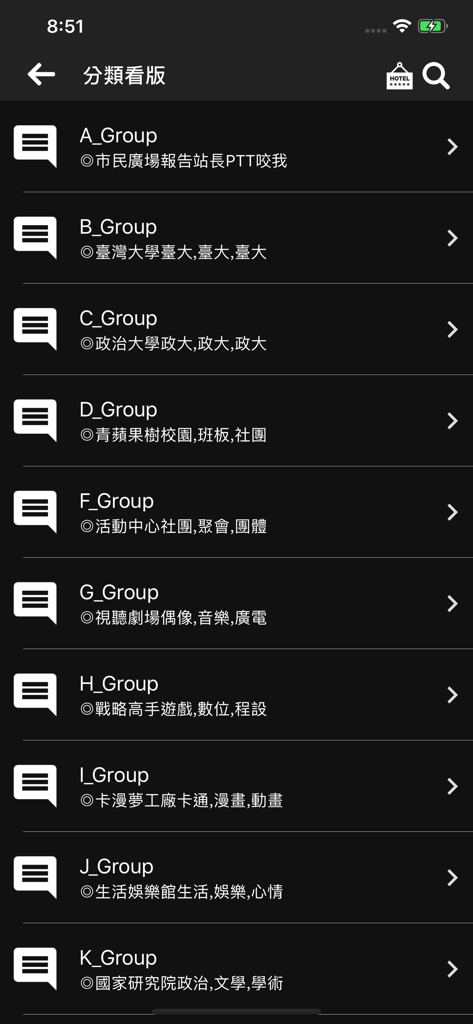 PTT鄉民懶人包 - Screenshot der PTT Netizen Digest App mit kategorisierten Board-Gruppen.