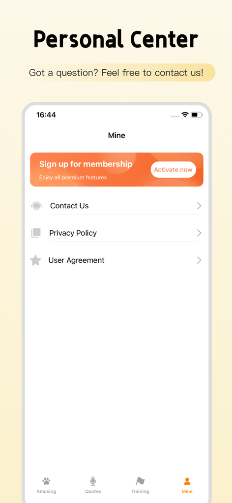 강아지 언어 번역기 앱의 개인 센터 화면으로, 멤버십 옵션과 지원 링크 표시