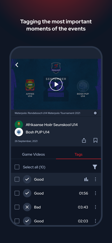 ESPORTPLUS S.L. - Mobile app interface showing video tagging for a youth water polo game highlights.