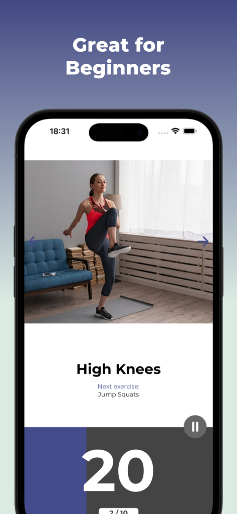 30 Day Weight Loss Challenge - Eine Frau, die zu Hause Kniehebeübungen auf einem Bildschirm einer Fitness-App für Anfänger ausführt.