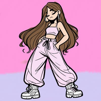 girl in baggy pants crop top and long hair