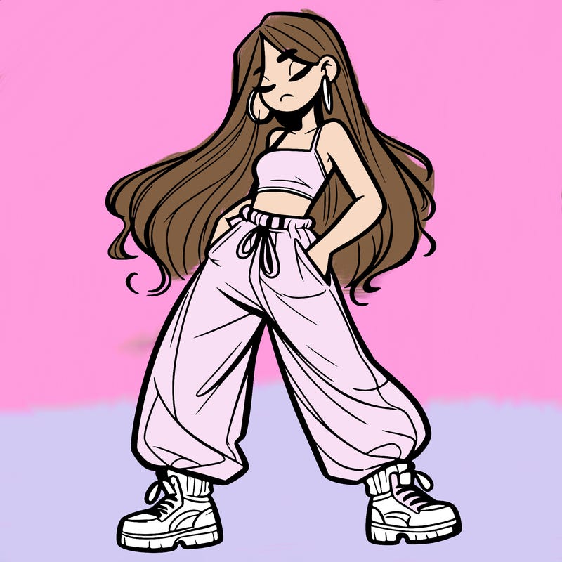 girl in baggy pants crop top and long hair