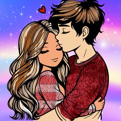 a realistic couple boy and girl hugging and kissing