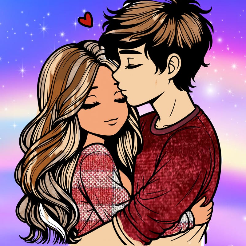 a realistic couple boy and girl hugging and kissing