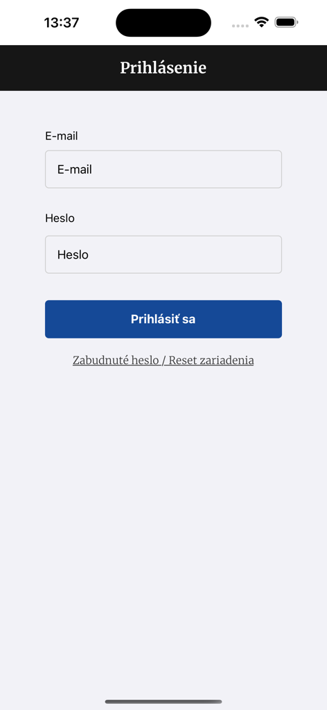 TASR Pro - Página de inicio de sesión de la aplicación de noticias TASR Pro con campos de entrada de correo electrónico y contraseña.