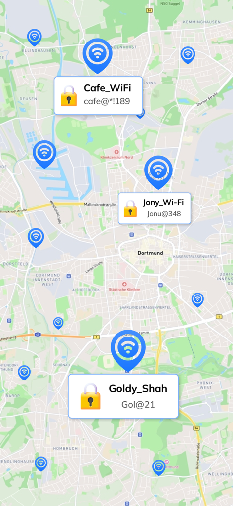 Wifi Password on Map Wifi View - Una visualización de mapa que muestra múltiples puntos de acceso wifi con sus nombres y contraseñas reveladas en la ciudad de Dortmund