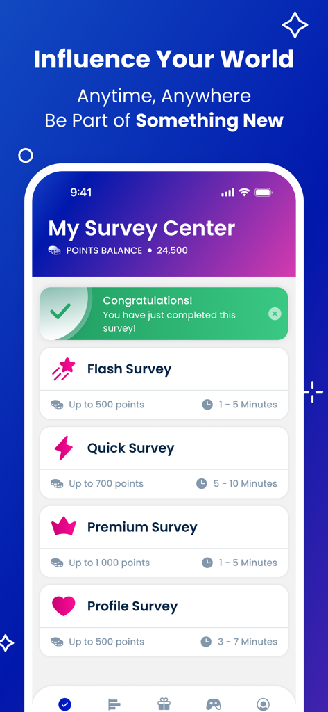 Toluna Influencers mobile app screen showing the My Survey Center dashboard with available flash and premium surveys