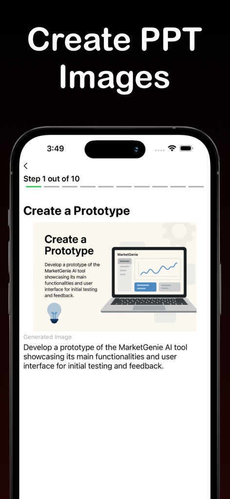 Presentation Maker - PresentAI - PowerPoint 프레젠테이션을 위한 AI 생성 비즈니스 프로토타입 시각 자료를 보여주는 PresentAI 앱의 모바일 인터페이스.