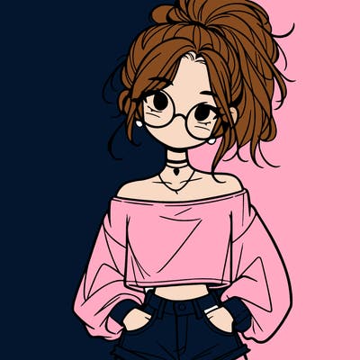 girl with a messy ponytail glasses a baggy crop top and jean shorts