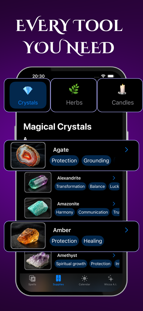 Wicca・Witchcraft Witch Spells - Wicca app screen displaying a library of magical crystals with their properties and meanings.