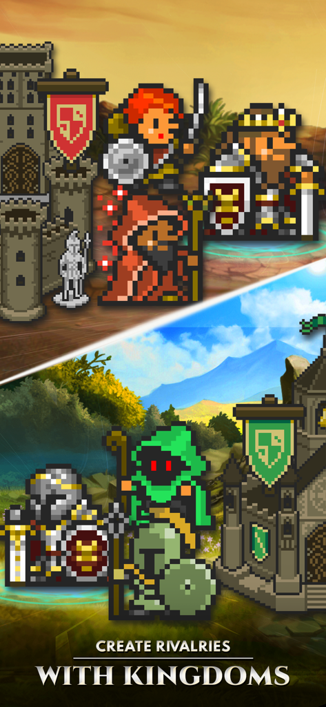 Orna: A Fantasy RPG & MMO game - 8-Bit-Pixelart-Helden, die konkurrierende Königreiche im Orna MMO repräsentieren