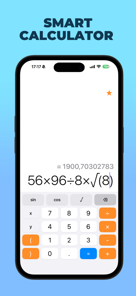 Mathly smart calculator app interface showing a complex equation with square roots and scientific functions