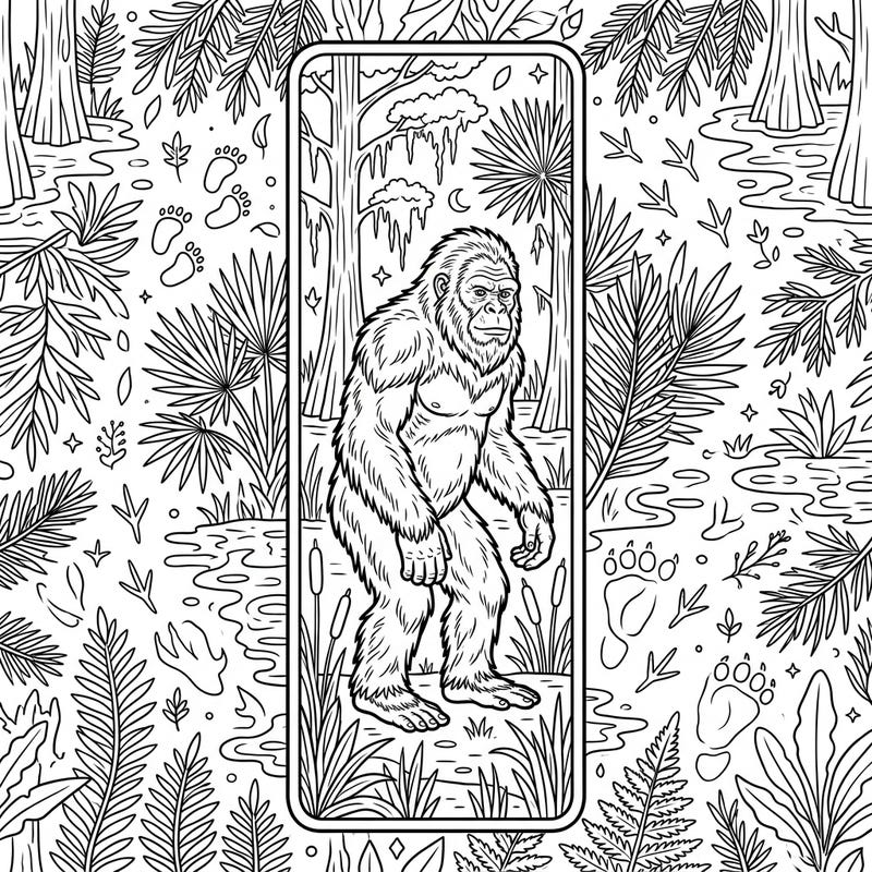 Embark on an artistic adventure with this unique Skunk Ape bookmark coloring page, specially designed for teens. Discover the legendary cryptid amidst a detailed swamp landscape, ready for your creative touch.