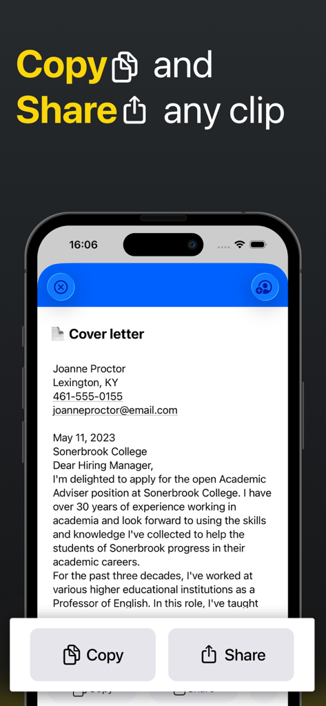 Pantalla de smartphone que muestra los botones de copiar y compartir para un clip de documento en la aplicación Clipboard PRO