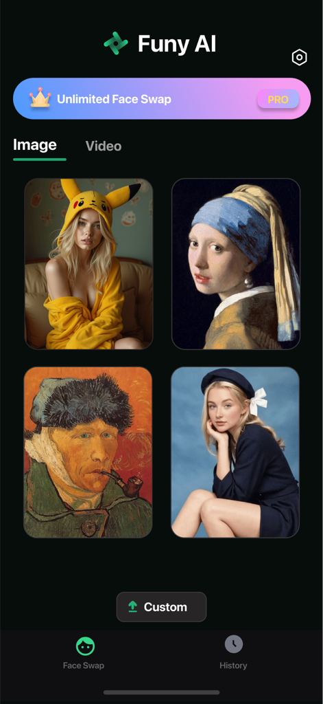 Interface of Funy AI app showing face swap templates including classic paintings and modern photography styles