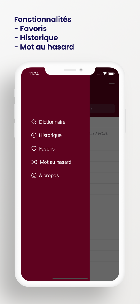 Le Littreフランス語辞書アプリのサイドナビゲーションメニュー。お気に入り、履歴、ランダムな単語のオプションを表示。